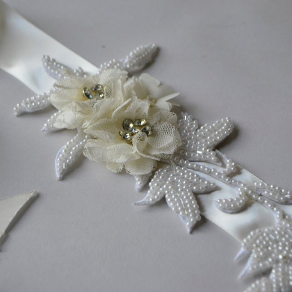 Floral Beaded Bridal Ribbon Belt main image 7